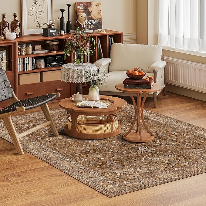 Washable Area Rug 5' x 7' Vintage Traditional Persian Mat - Foldable Distressed Non-Slip Machine Washable Carpet for Living Room Bedroom Kitchen Home Decor - Bronze and Ivory