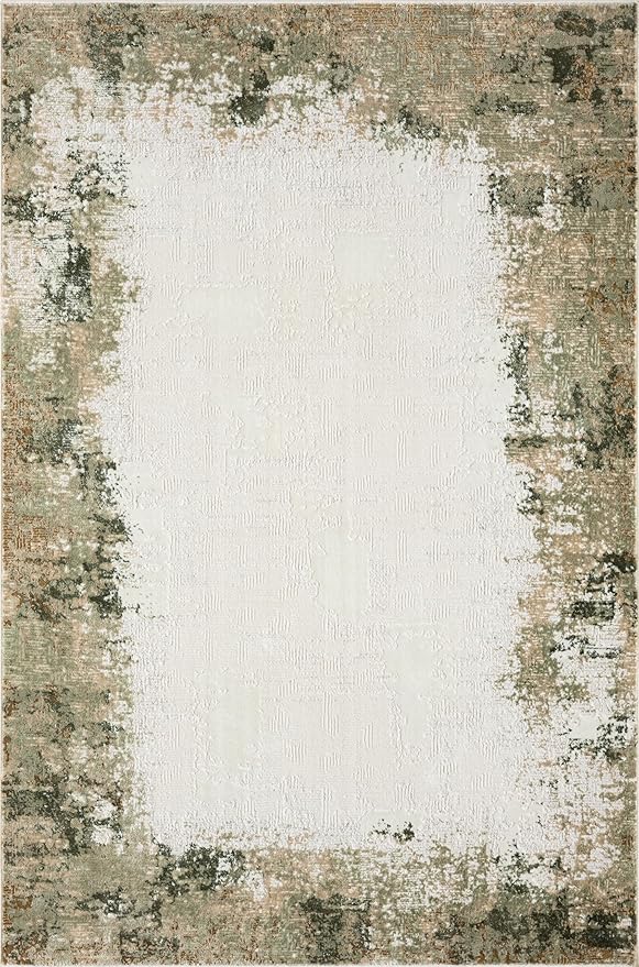 Abani Beige with Green Border Washable Area Rug – 4' x 6' – Classic Textured Design – Ivy Collection – Non-Shedding, Easy to Clean – Durable for High Traffic Areas – Living Room & Bedroom