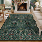 5x7 Area Rugs Living Room Rug - Floral Vintage Morris-Inspired Washable Carpet, Low Pile Non-Shedding Stain Resistance Boho Soft Carpet for Bedroom, Dining Room, Office, Farmhouse (5'x7' Dark Green)