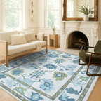 Fame Living Green Oushak Rug, Modern Small Rugs, Vintage, Turkish, Eclectic, Floral, Pastel, Washable, Door Mat, Doormat for Indoor Entrance, Entryway, Kitchen, Bathroom, Bedroom, Laundry, 2'x3'