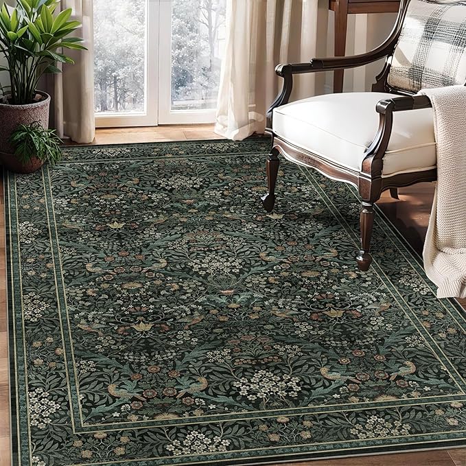 3x5 Floral Washable Area Rug for Living Room, Vintage Boho Rug for Bedroom Dining Room， Distressed Botanical Birds Non Slip Low Pile Forest Animal Throw Carpet for Farmhouse Office, Dark Green