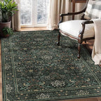 3x5 Floral Washable Area Rug for Living Room, Vintage Boho Rug for Bedroom Dining Room， Distressed Botanical Birds Non Slip Low Pile Forest Animal Throw Carpet for Farmhouse Office, Dark Green