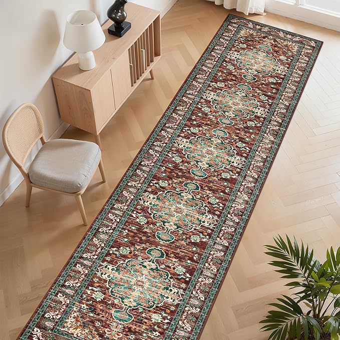 U'Artlines 3' x 16' Boho Hallway Runner Rug, Rust Non Slip Washable Vintage Farmhouse Accent Rug Carpet for Kitchen Entryway Laundry and Living Room (Rust＆Teal)