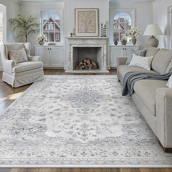 HUGEAR Machine Washable Area Rugs 8x10 Vintage Blue Large Living Room Bedroom Rug Neutral Style Non Slip Stain Resistant Low Pile Throw Carpet for Home Retro Aesthetic Modern Decor