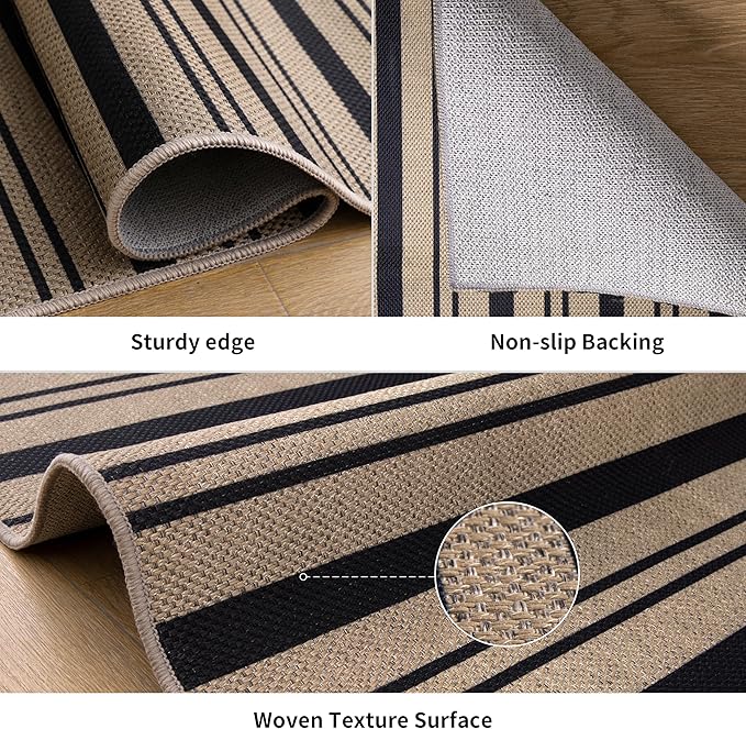 Tangsoo Stripe Easy Jute Rug 4x6 for Paito,Thin Non-Slip Indoor Outdoor Black Door Carpet,Washable Farmhouse Throw Mat for Front Porch Kitchen Bedroom Foyer