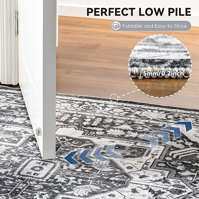 EnHomee 8x10 Washable Area Rugs for Bedroom, Boho Vintage Rugs, Foldable Area Rug for Dining Room, Non-Slip Soft Living Room Rug, Low Pile Large Carpet for Bathroom, Grey