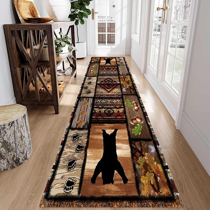 Wild Animal Bear Long Runner Rug, 4x12ft, Brown Geometric Stitching Non-Slip Kitchen Mat, Animal Bear and Plant Pine Cone Autumn Leaf Print Entrance Carpet, Southwest Country Style Indoor Decoration