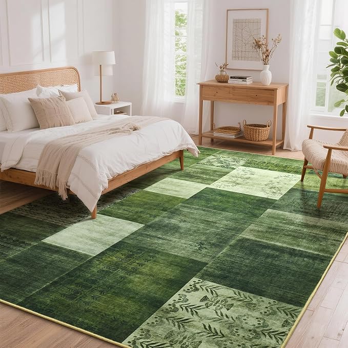Tepook Modern Area Rug for Living Room, 8x10 Geometric Large Rugs for Bedroom, Washable Patchwork Rug Indoor Non-Slip Throw Carpets for Dining Room Office Farmhouse Home Decor, Green