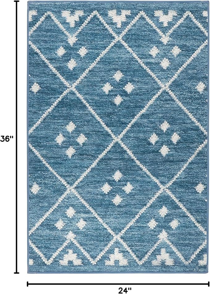 Dash and Albert Kota Machine Washable Area Rug - 2' x 3' Indigo - Diamond Accent Rug - Anti-Slip Backing, Lightweight, Machine Washable, High Traffic Areas Kitchen, Mudroom, Laundry Room