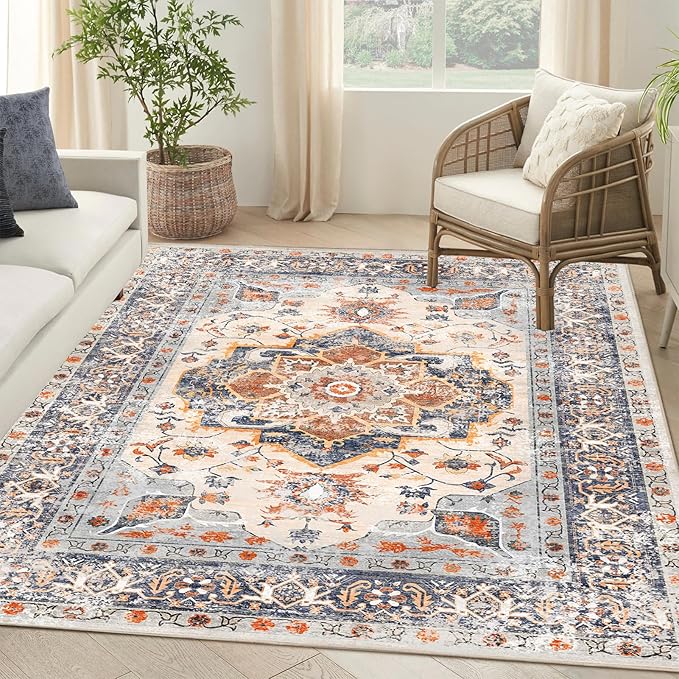 VK VK·LIVING Machine Washable Rug 5'x7' Vintage Design Washable Area Rugs with Non Slip Rugs for Living Room Bedroom Traditional Woven Carpet Stain Resistant, Dining Office Boho Rug (Bright)