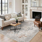5X7 Area Rugs for Living Room, Machine Washable Non Slip Vintage Rugs, Low Pile Lightweight Print Rug for Bedroom, Dining Room, Home Office, Light Taupe Brown