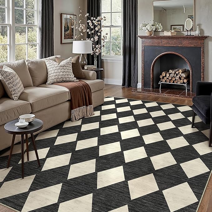 8x10 Checkered Area Rugs for Living Room Black Machine Washable Large Rug Non-Slip Stain Resistant Low Pile Boho Accent Indoor Throw Carpet for Bedroom Dining Room Home Aesthetic Decor
