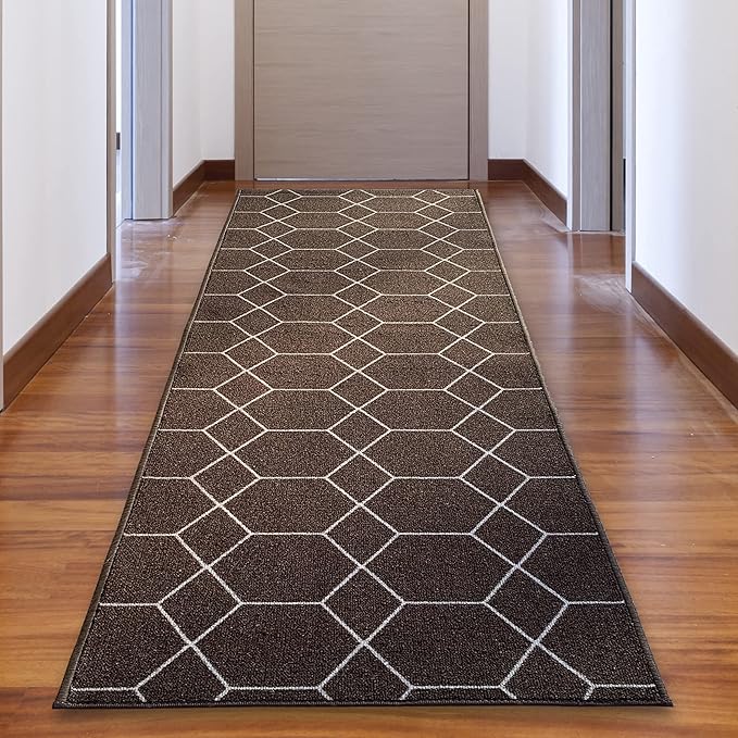 Custom Made Runner Rug for Kitchen Foyer Hallway Entry Choose Your Length Size 26 Inch Wide Geometric Lattice Design Brown Color (50 feet x 26 inch)