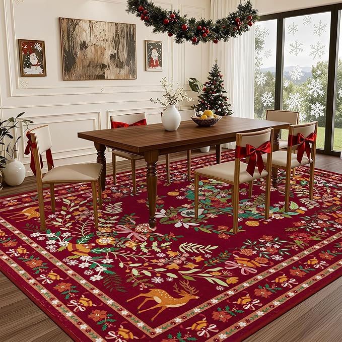 6x9 Area Rugs Living Room Rug: Christmas Washable Rug Floral Soft Carpet Indoor Floor Non-Slip Boho Stain Resistant Large Carpets for Bedroom Kids Nursery Dining Room Farmhouse Home Office Red