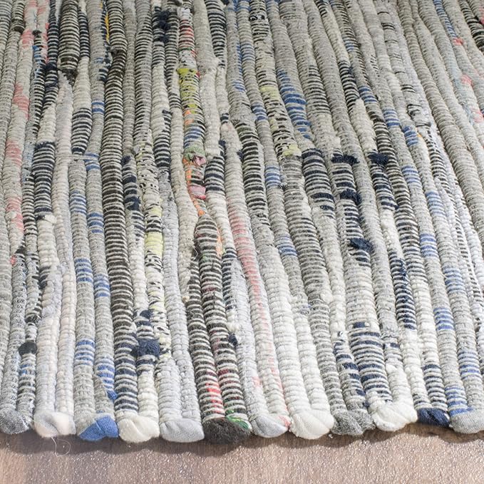 SAFAVIEH Rag Rug Collection Area Rug - 10' Square, Grey, Handmade Boho Stripe Cotton, Ideal for High Traffic Areas in Living Room, Bedroom (RAR121A)