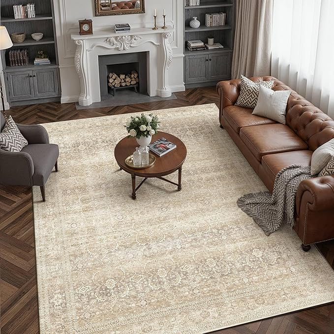 HUGEAR 8x10 Washable Area Rug Beige Vintage Neutral Living Room Rug Large Soft Non Slip Distressed Carpet Low Pile Pet Friendly for Bedroom Dining Room