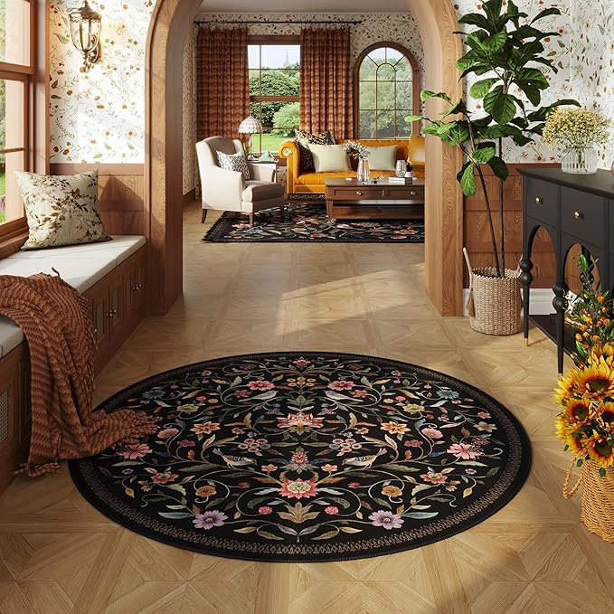 Vintage Medallion Floral Round Rug 4ft, Washable Circle Area Rug, Non-Slip Soft Low Pile Circular Carpet for Bedroom, Living Room, Dining Room, Entryway, Office, Kids, Bathroom | Black