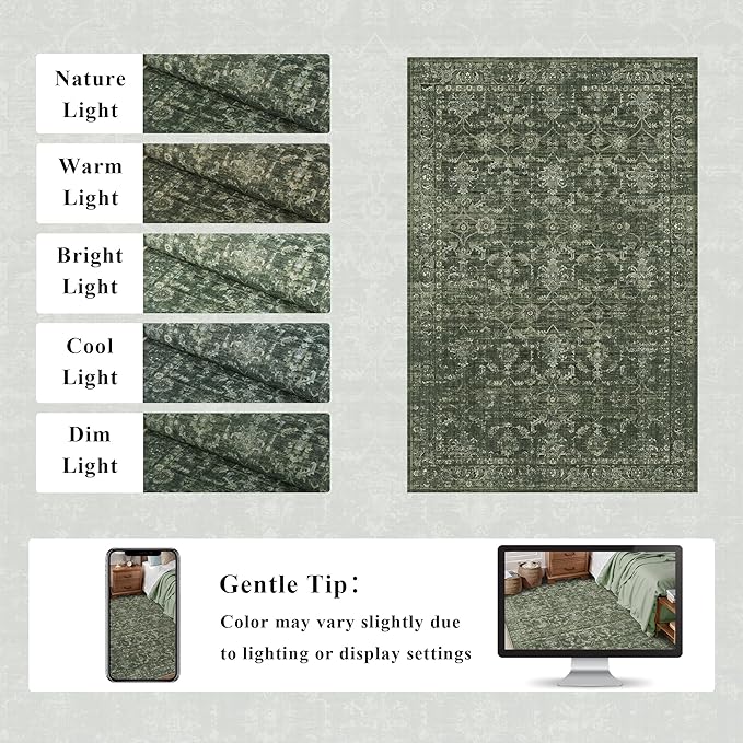 Washable Area Rug 4x6 Green Rugs for Living Room, Vintage Boho Large Rug for Bedroom Dining Room Office, Distressed Floral Print Carpet for Under Table, Soft Non Slip Low Pile Throw Carpet Indoor Mat