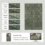 Washable Area Rug 4x6 Green Rugs for Living Room, Vintage Boho Large Rug for Bedroom Dining Room Office, Distressed Floral Print Carpet for Under Table, Soft Non Slip Low Pile Throw Carpet Indoor Mat