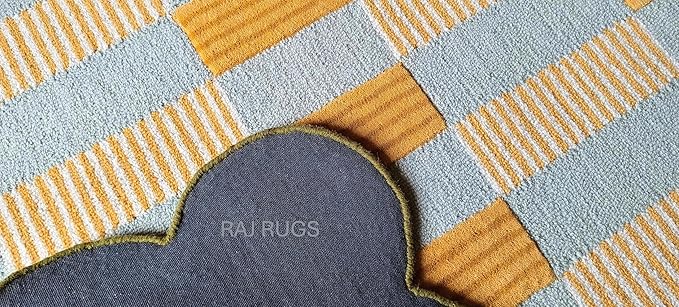 Handmade Scalloped Wool Area Rug - Modern Geometric Pattern, Green-Beige Stripes, Checkered Chevron Design - Soft, Durable Thick Carpet for Living Room, Bedroom (Gold, 8' x 10')