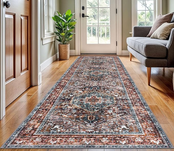 KOZYFLY Area Rug 3x10 Ft Washable Boho Runner Rug for Entryway Hallway Indoor Printed Faux Wool Carpet for Bedroom Kitchen Hall, Brick Red/Orange/Green