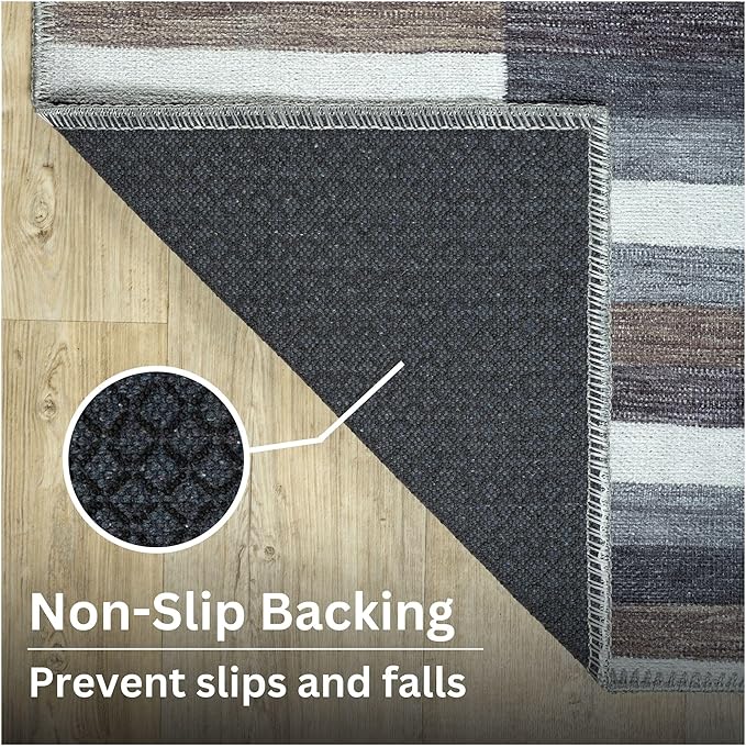 Bloom Rugs Washable Non-Slip 9' x 12' Rug - Blue/Brown Striped Area Rug for Living Room, Bedroom, Dining Room, and Kitchen - Exact Size: 9' x 12'