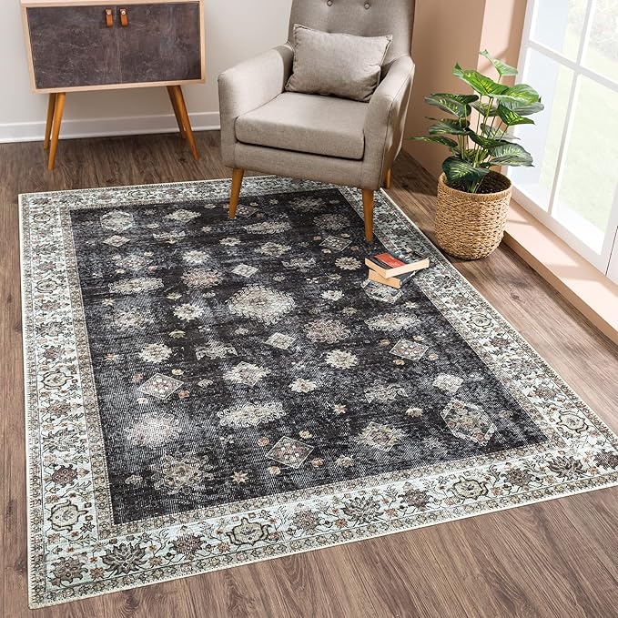 Bloom Rugs Washable Non-Slip 8' x 10' Rug - Black/Ivory Traditional Area Rug for Living Room, Bedroom, Dining Room, and Kitchen - Exact Size: 8' x 10'