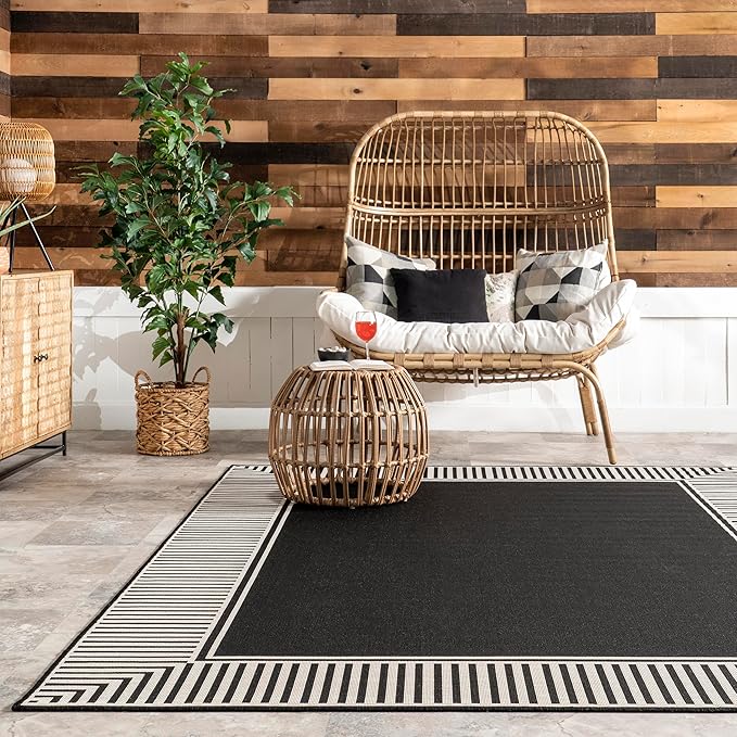 Nuloom Asha Black/Ivory, 9'6" x 12', Casual, Striped Border, Soft and Cozy, High Traffic, Stain Resistant, Easy Clean, Durable Area Rug for Indoor/Outdoor Patio, Deck, Porch, Garden, Courtyard