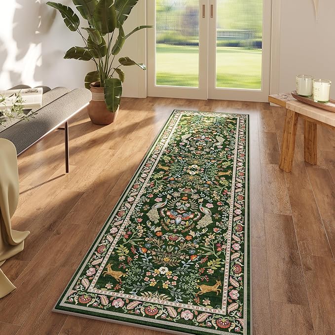 Runner Rug Washable Kitchen 2'x6' Floral Non-Slip for Entryway Indoor Soft Carpet Runner for Hallways, Kitchen, Laundry, Bedroom, Bathroom (Emerald Green)