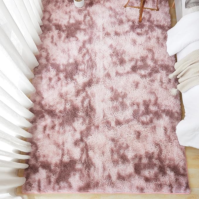 Andency Soft Area Rugs for Living Room Bedroom, 4x6 Fluffy Shaggy Bedside Rug, Non-Slip Large Shag Fuzzy Plush Carpets for Bedroom Kids Dorm Nursery Home Decor Aesthetic, Tie-Dyed Dusty Pink