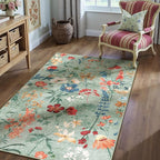 Green Area Rug 4x6 Office Floral Indoor Door Mat Washable Boho Kitchen Living Room Carpet Non Slip Bedroom Low Pile Lightweight Throw Rug for Dining Room Farmhouse