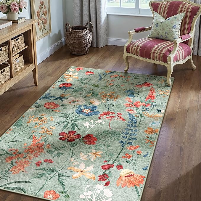 Green Area Rug 4x6 Office Floral Indoor Door Mat Washable Boho Kitchen Living Room Carpet Non Slip Bedroom Low Pile Lightweight Throw Rug for Dining Room Farmhouse