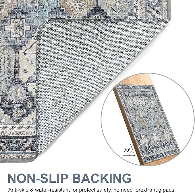 Bavni Washable Rug 5x7 Area Rug for Living Room Bedroom Dining, Washable Vintage Print Carpet, Ultra-Thin Chenille Low Pile Lightweight Rug with Non Slip Backing, Blue