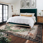 9x12 Area Rugs for Living Room Green Boho Washable Vintage Low Pile Non-Slip Large Carpet for Bedroom Dining Room