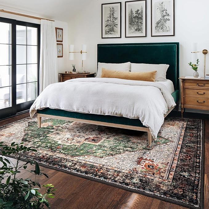 Area Rug 5x7 for Living Room Green Boho Non-Slip Washable Rug Vintage Low Pile Large Rug for Bedroom Dining Room