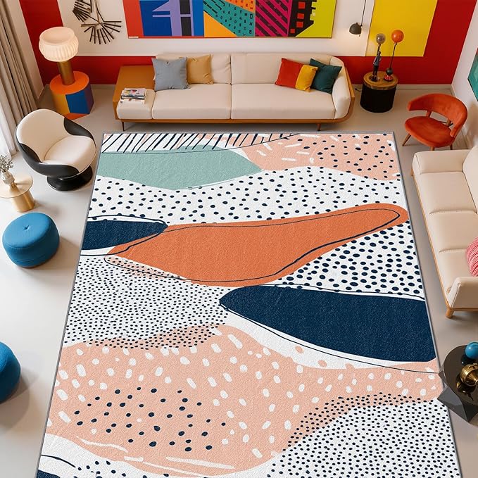 Color Block Living Room Rug - Polka Dot Bohemian Rug, 7x9 Area Rugs, Abstract Multicolor Washable Foldable Large Carpet Home Decor #C050