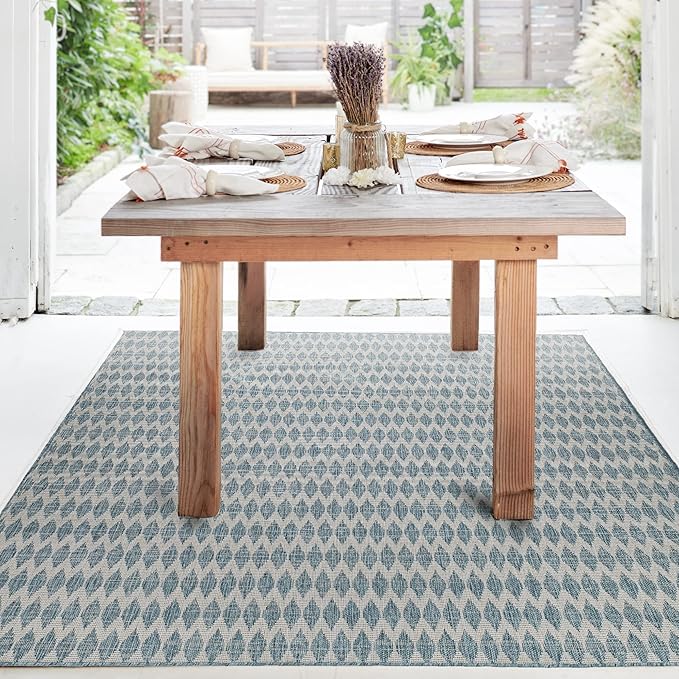 FH Home Flat Woven Outdoor Rug - Waterproof, Easy to Clean, Stain Resistant - Premium Polypropylene Yarn - Geometric - Patio, Deck, Porch, Balcony, Laundry Room - Giza - Aqua - 3ft 11in x 5ft 6in