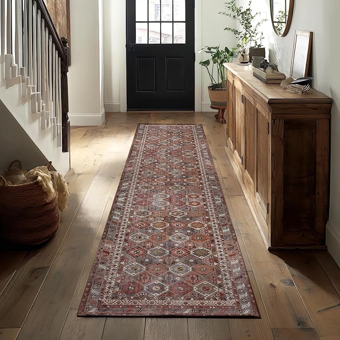 Kuden 2'6"x7' Runner Rug, Machine Washable Area Rug with Non-Slip Backing, Vintage Style, Soft, Easy Clean, Low Pile Rug for Hallway, Entryway, Kitchen, Bedroom