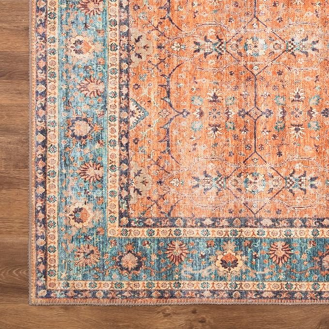 Bloom Rugs Washable Non-Slip 5' x 7' Rug - Orange/Teal Blue Traditional Bordered Area Rug for Living Room, Bedroom, Dining Room, and Kitchen - Exact Size: 5' x 7'