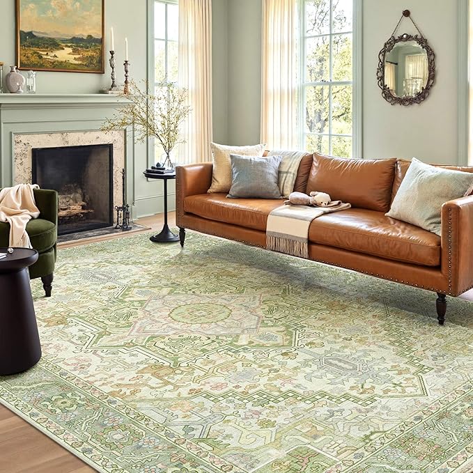 Kokia 8x10 Washable Sage Green Area Rugs with Vintage Orient Design Soft Rug for Living Room or Bedroom Non-Slip Low Pile Stain Resistance Features Distressed Medallion Pattern