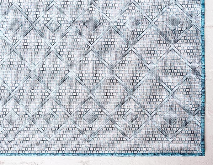Unique Loom Outdoor Trellis Collection Area Rug - Tribal Trellis (10' x 14' 1" Rectangle, Teal/ Ivory)