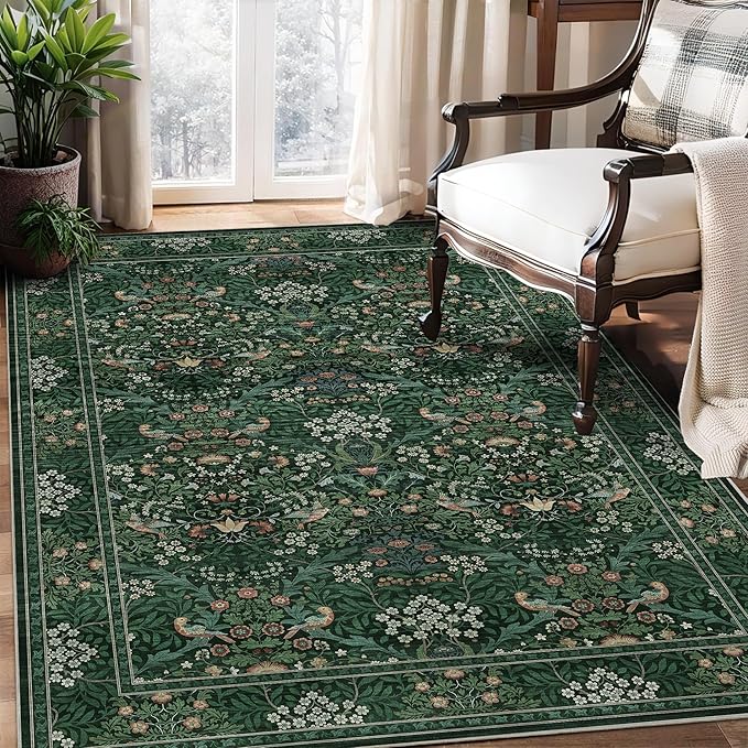 3x5 Floral Washable Area Rugs for Living Room, Vintage Boho Rug for Bedroom Dining Room， Distressed Botanical Birds Non Slip Low Pile Forest Animal Throw Carpet for Farmhouse Office, Bright Green