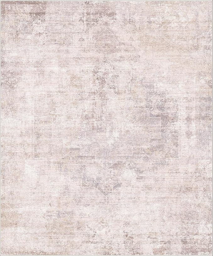 Modern 10x12 Area Rug for Living Room - Large Bedroom Rug Under Bed, Pink and White Distressed Medallion Pattern, Ultra Soft Washable Non Slip Lightweight Thin Foldable