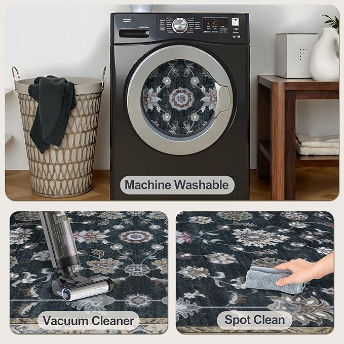 Tangsoo Black 2x5 Rug Runner, Washable Runner Rug for Hallways Non Slip, Floral Vintage Soft Low Pile Rugs Runner, Print Carpet Runners for Kitchen Bedroom Entryway Bathroom Living Room