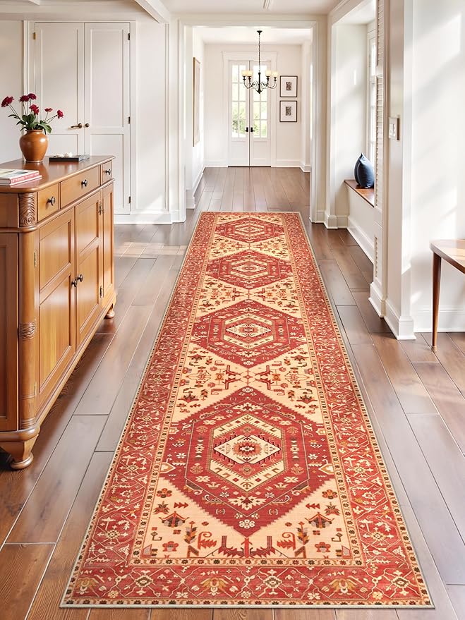 SERISSA Runner Rug for Hallways, 2'6"x12' Washable Non Slip Kitchen Runner Rug, Extra Long Boho Rug Ultra Soft Vintage Red Beige Print Floor Carpet for Bedroom Hallway Entryway Bathroom Laundry Room