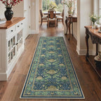 Bavni 2'6''x8 Runner Rug,Microfiber Washable Non-Slip Vintage Floral Rugs,Low Pile Lightweight Carpet for Bedroom,Hallway,Entryway,Kitchen,Bathroom, Tea Green/Blue