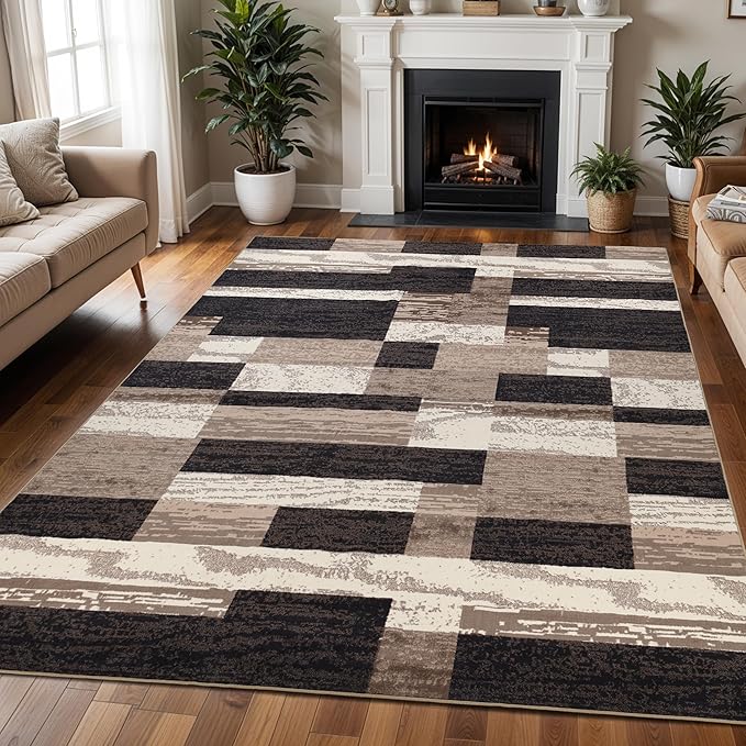 Superior Indoor Area Rug, Foam Backed, Modern Geometric Patchwork Floor Decor for Bedroom, Office, Living Room, Entryway, Hardwood Floors, Rockwood Collection, 10' x 14', Chocolate