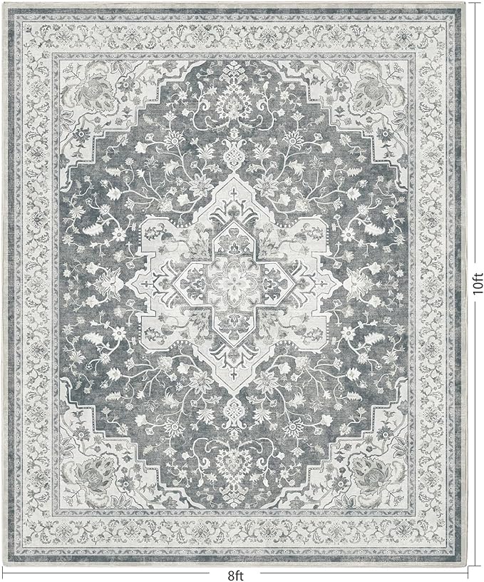 Marsail 8x10 Machine Washable Area Rug,Soft & Slip-Resistant, Vintage Floral Short-Pile with Reinforced Bound Edges, Large Rug for Living Room, Dining Room, Bedroom,Light Grey