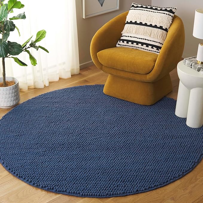 SAFAVIEH Natura Collection Area Rug - 4' Round, Navy & Blue, Handmade Wool Blend, Textured Design, Ideal for Living Room, Bedroom, Dining Space (NAT620M)