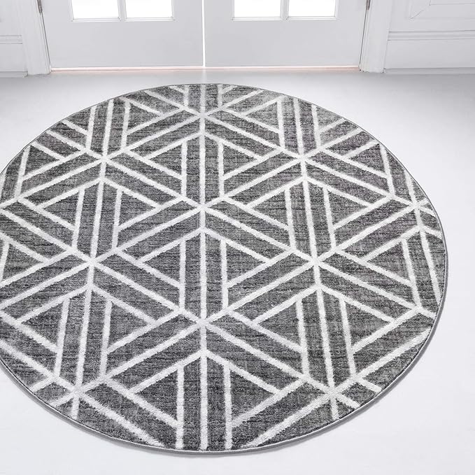 Rugs.com Lattice Trellis Collection Rug – 3 Ft Round Gray Low-Pile Rug Perfect for Kitchens, Dining Rooms